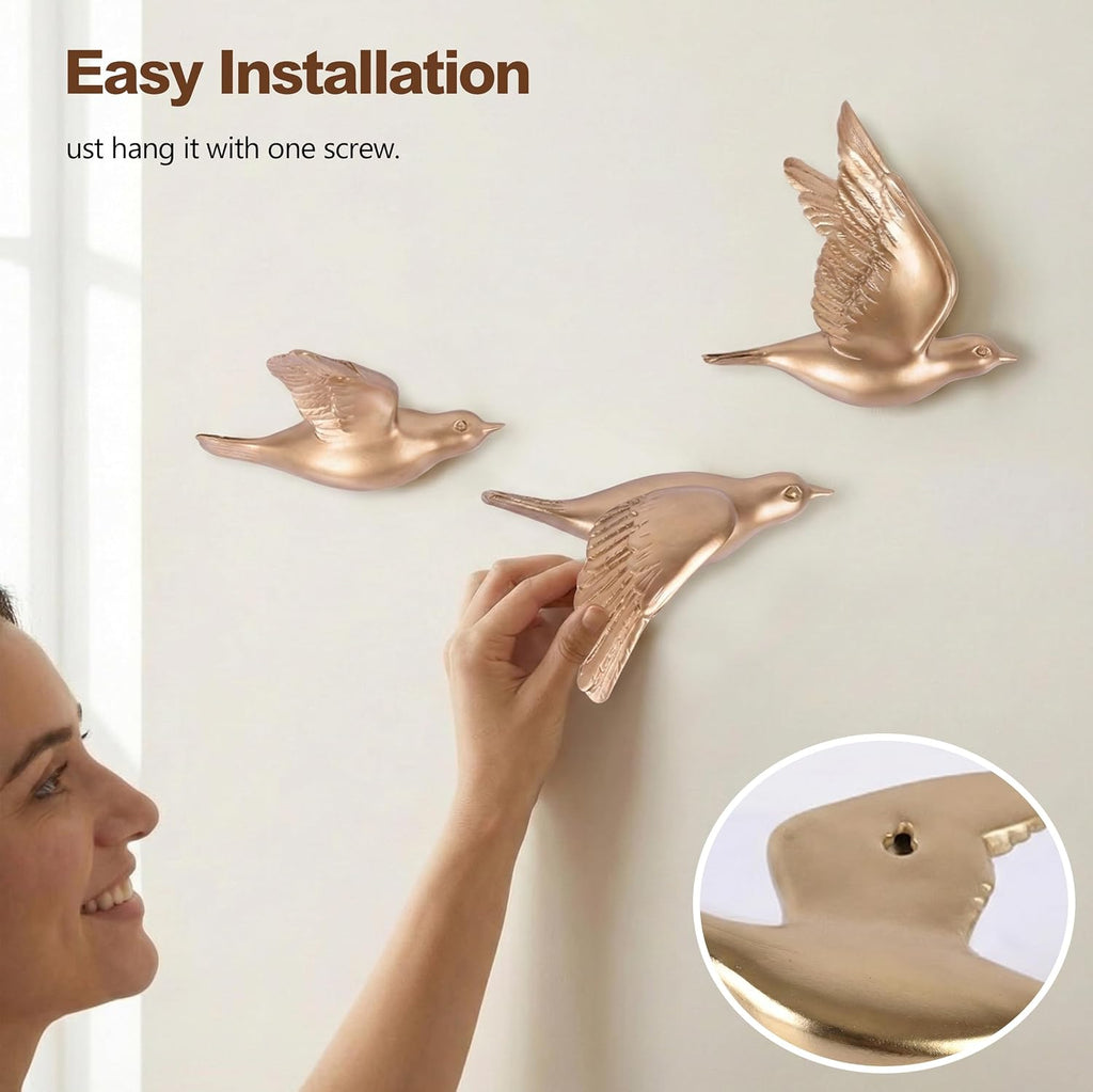 Set of 3 Bird Wall Sculptures - Modern 3D Art Decor for Living Room and Home, Golden Wall Accents and Gallery Art