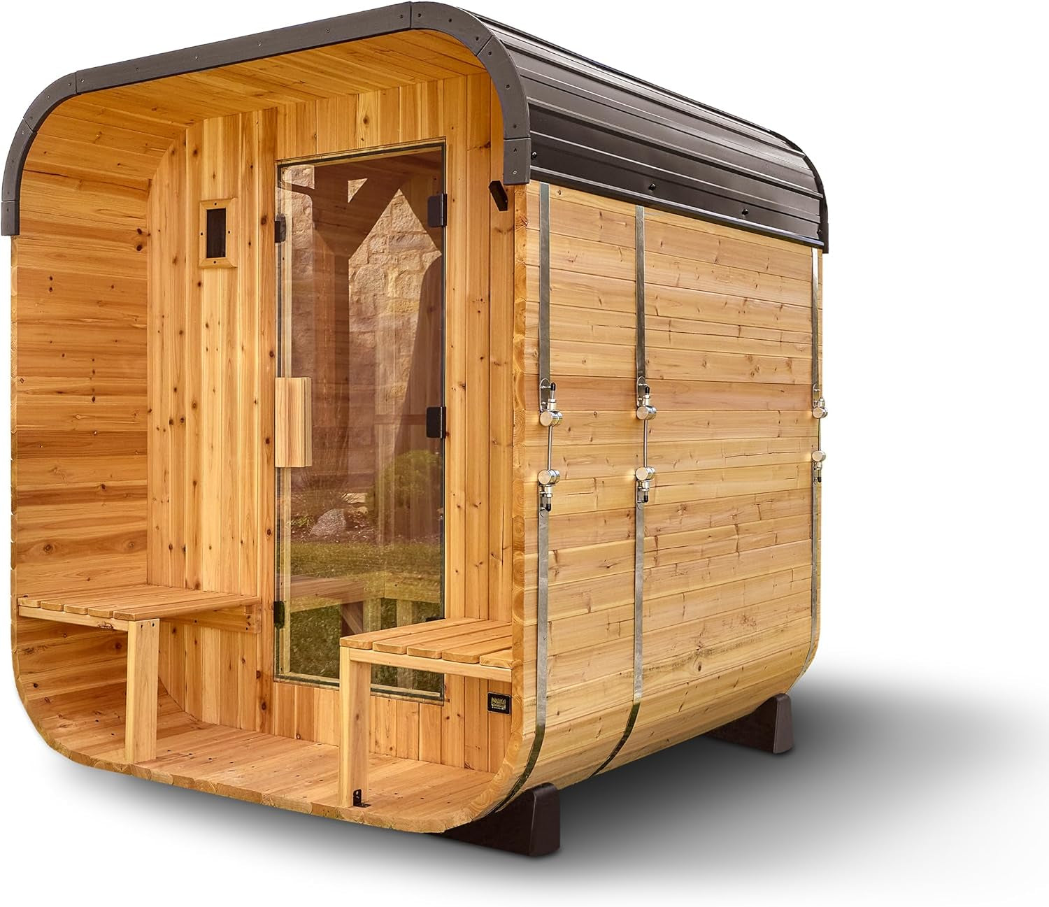 Backyard Discovery Lennon Traditional Cedar Outdoor Cube Sauna for 2-4 Persons with Porch, Electric Heater, Sauna Rocks, Dry Heat and Steam Options, LED Lighting, Wi-Fi Control, and Accessories