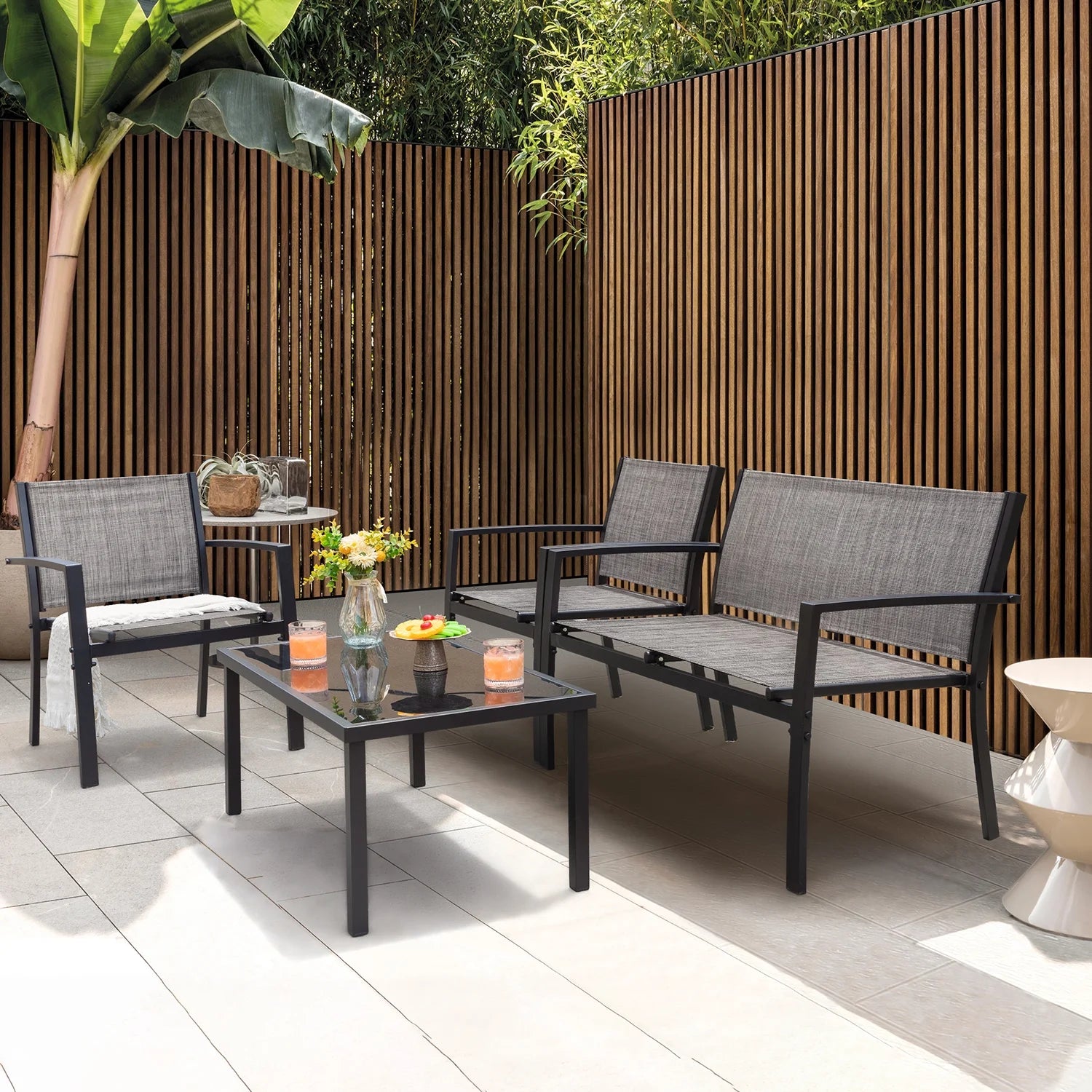 4 Pieces Patio Furniture Outdoor Furniture Outdoor Patio Furniture Set Textilene Bistro Set Modern Conversation Set Black Bistro Set with Loveseat Tea Table, Grey