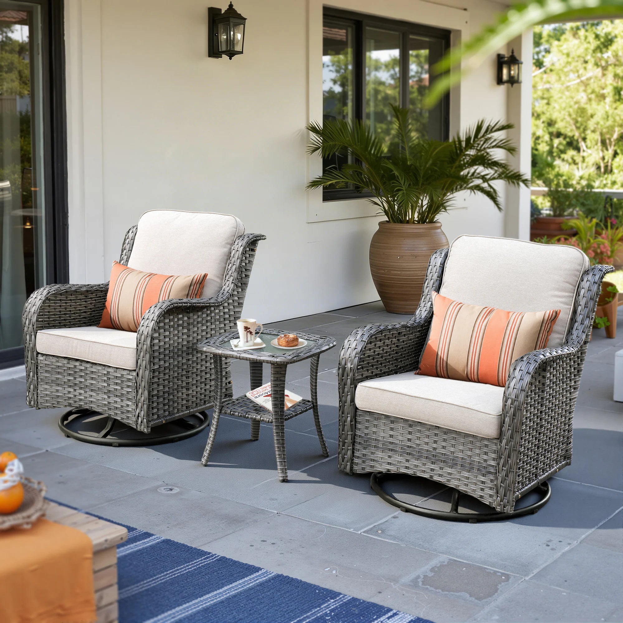 Chic Set of 2 Denim Blue Cushioned Rattan Swivel Rocking Chairs with Gray Wicker Frame - Perfect for Outdoor Relaxation