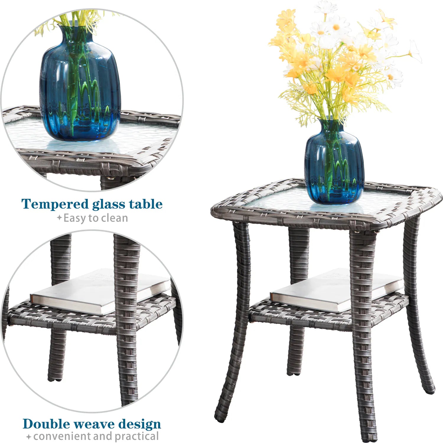 Chic Set of 2 Denim Blue Cushioned Rattan Swivel Rocking Chairs with Gray Wicker Frame - Perfect for Outdoor Relaxation