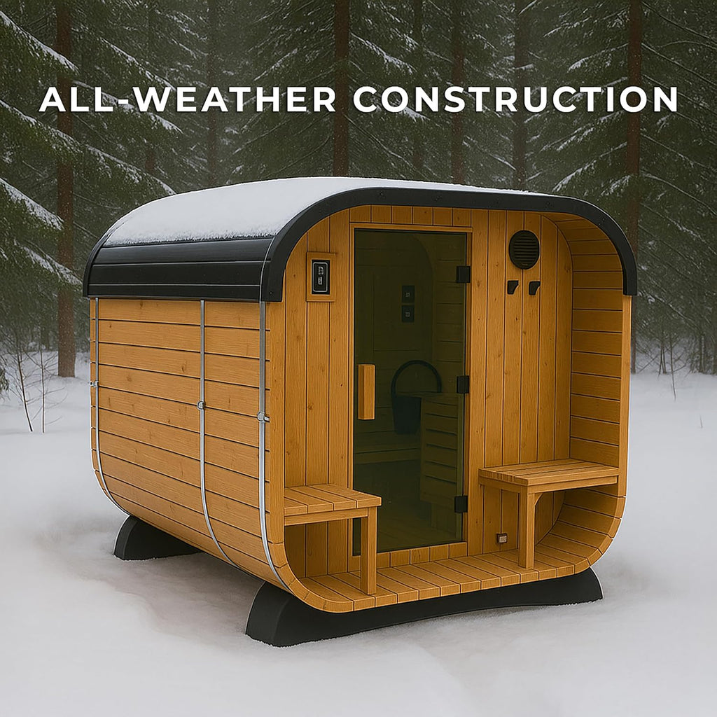 Backyard Discovery Lennon Traditional Cedar Outdoor Cube Sauna for 2-4 Persons with Porch, Electric Heater, Sauna Rocks, Dry Heat and Steam Options, LED Lighting, Wi-Fi Control, and Accessories
