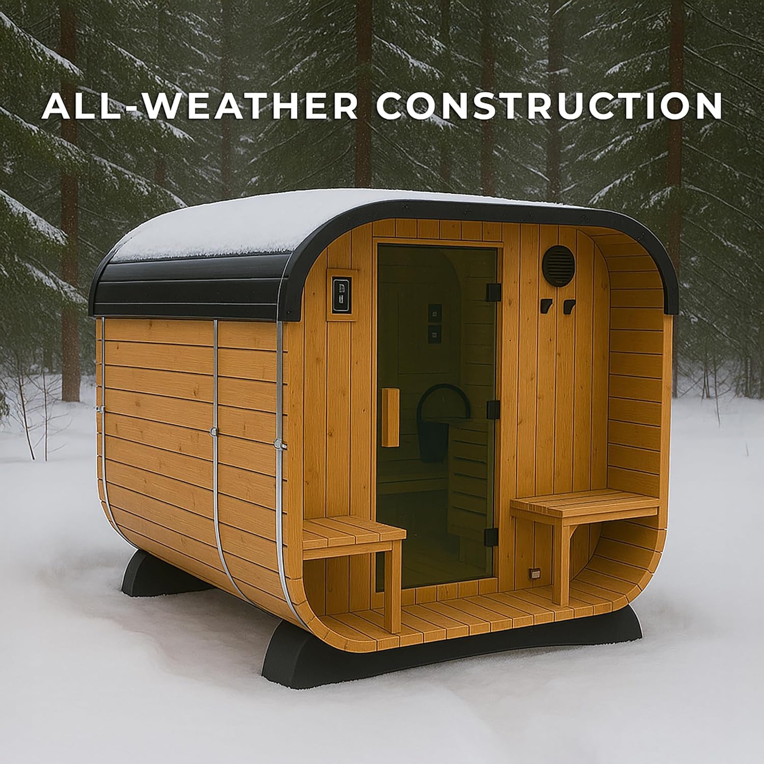 Lennon Traditional Cedar Outdoor Cube Sauna for 4-6 Persons with Porch, Electric Heater, Sauna Rocks, Dry Heat and Steam Options, LED Lighting, Wi-Fi Control, and Accessories