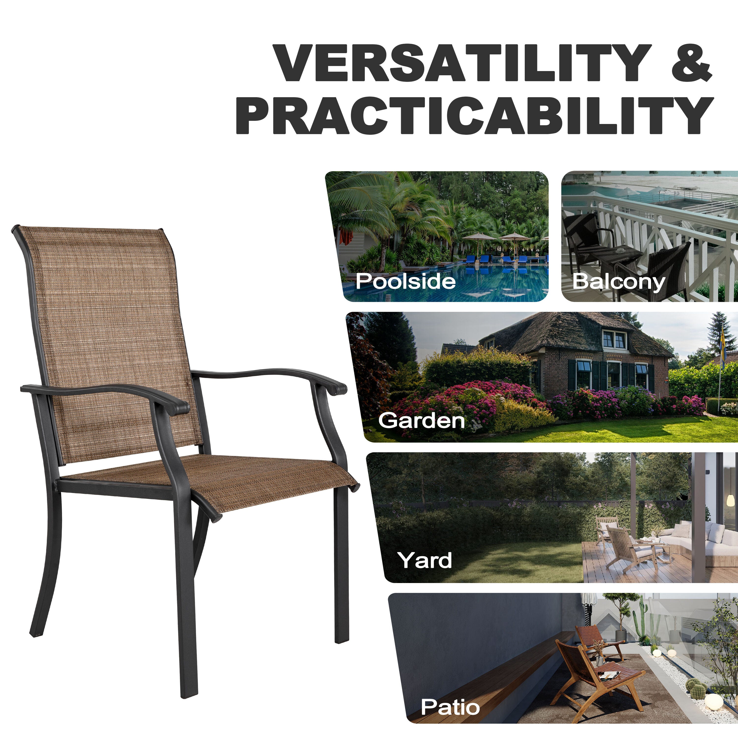 Elegant 7-Piece Black Iron Patio Dining Set with 6 Cozy Brown Chairs - Perfect for Outdoor Entertaining!
