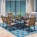 Elegant 7-Piece Black Iron Patio Dining Set with 6 Cozy Brown Chairs - Perfect for Outdoor Entertaining!