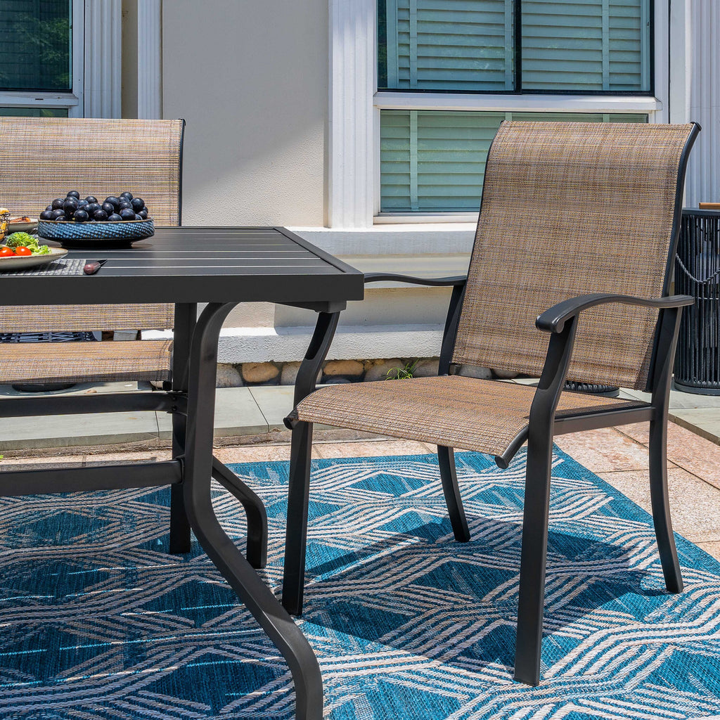 Elegant 7-Piece Black Iron Patio Dining Set with 6 Cozy Brown Chairs - Perfect for Outdoor Entertaining!
