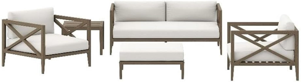 Northlake 5-Piece Outdoor Furniture Set in Weathered Gray White - Teak Wood Patio Conversation Set with Loveseat, Two Armchairs, Ottoman, and Side Table