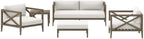 Northlake 5-Piece Outdoor Furniture Set in Weathered Gray White - Teak Wood Patio Conversation Set with Loveseat, Two Armchairs, Ottoman, and Side Table