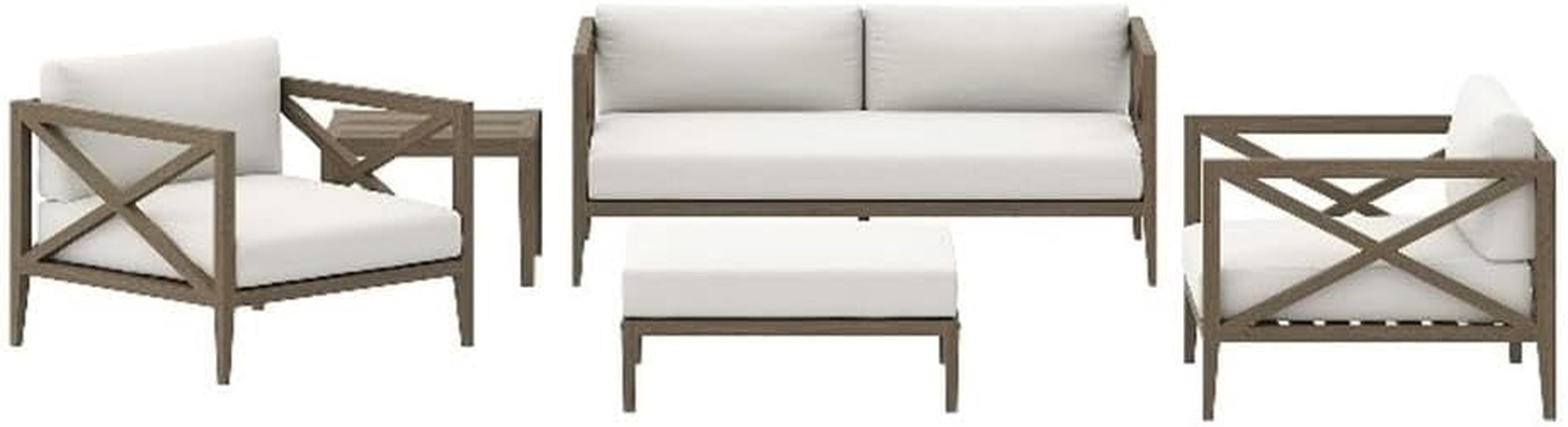 Northlake 5-Piece Outdoor Furniture Set in Weathered Gray White - Teak Wood Patio Conversation Set with Loveseat, Two Armchairs, Ottoman, and Side Table