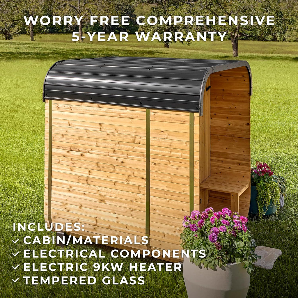 Backyard Discovery Lennon Traditional Cedar Outdoor Cube Sauna for 2-4 Persons with Porch, Electric Heater, Sauna Rocks, Dry Heat and Steam Options, LED Lighting, Wi-Fi Control, and Accessories
