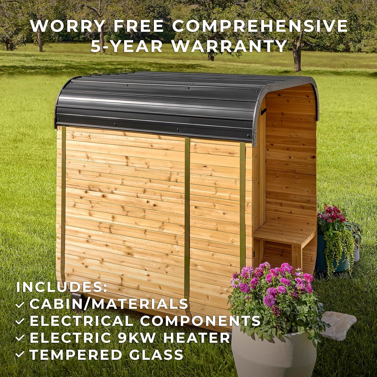Backyard Discovery Lennon Traditional Cedar Outdoor Cube Sauna for 2-4 Persons with Porch, Electric Heater, Sauna Rocks, Dry Heat and Steam Options, LED Lighting, Wi-Fi Control, and Accessories