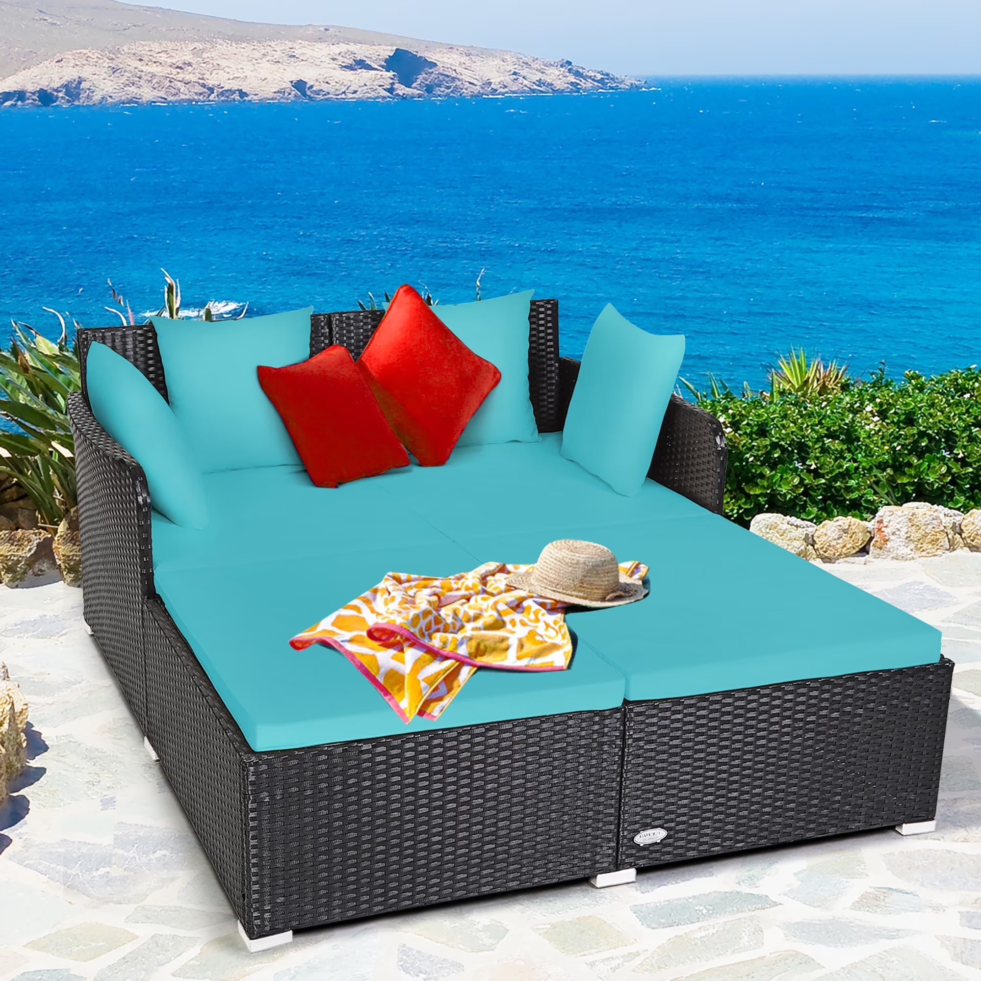 Luxurious Navy Rattan Outdoor Daybed with Cushions - Perfect for Relaxation and Style