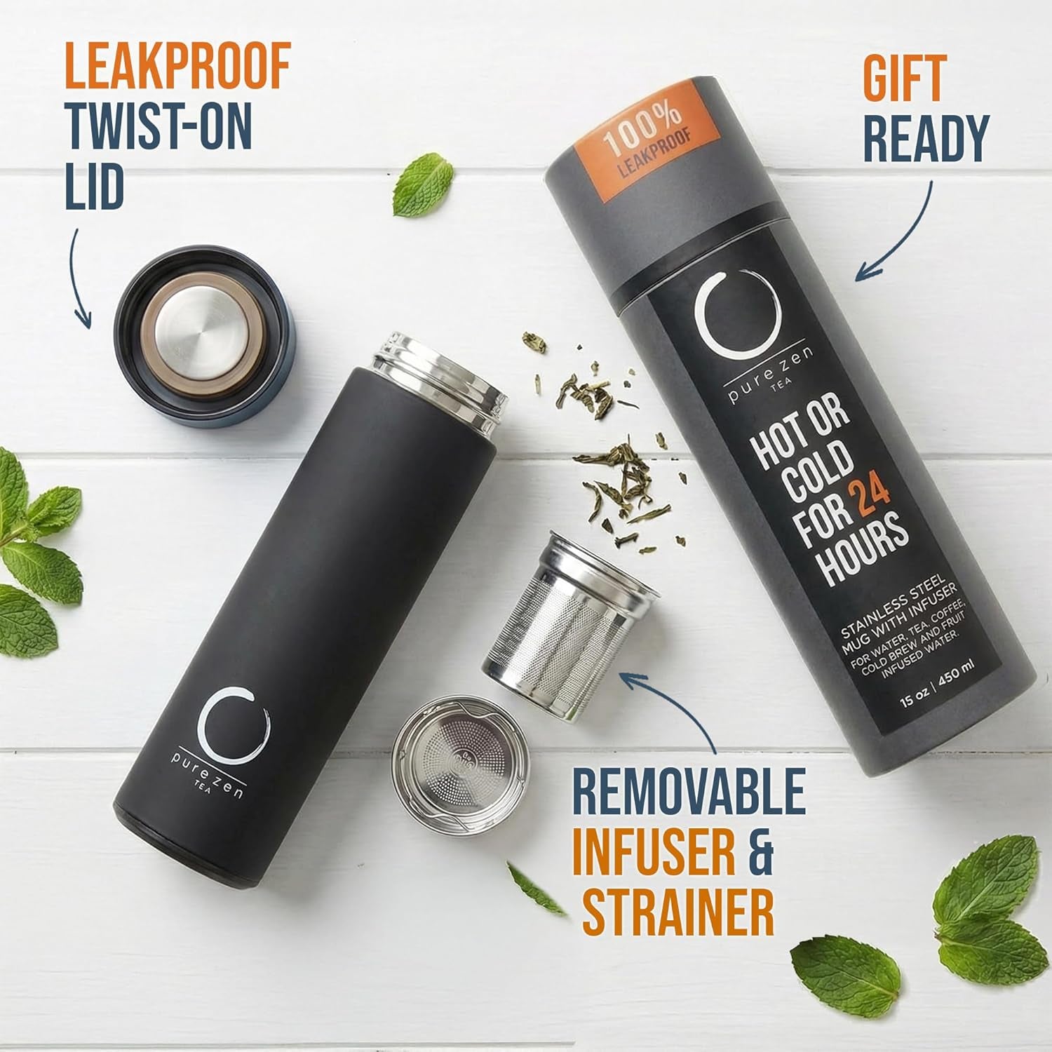 Pure Zen Stainless Steel Tea Thermos with Infuser for Hot and Cold Beverages - 15oz Leakproof Travel Mug for Coffee and Fruit-Infused Water - Black
