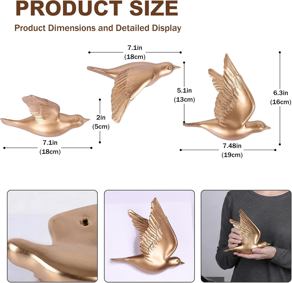 Set of 3 Bird Wall Sculptures - Modern 3D Art Decor for Living Room and Home, Golden Wall Accents and Gallery Art