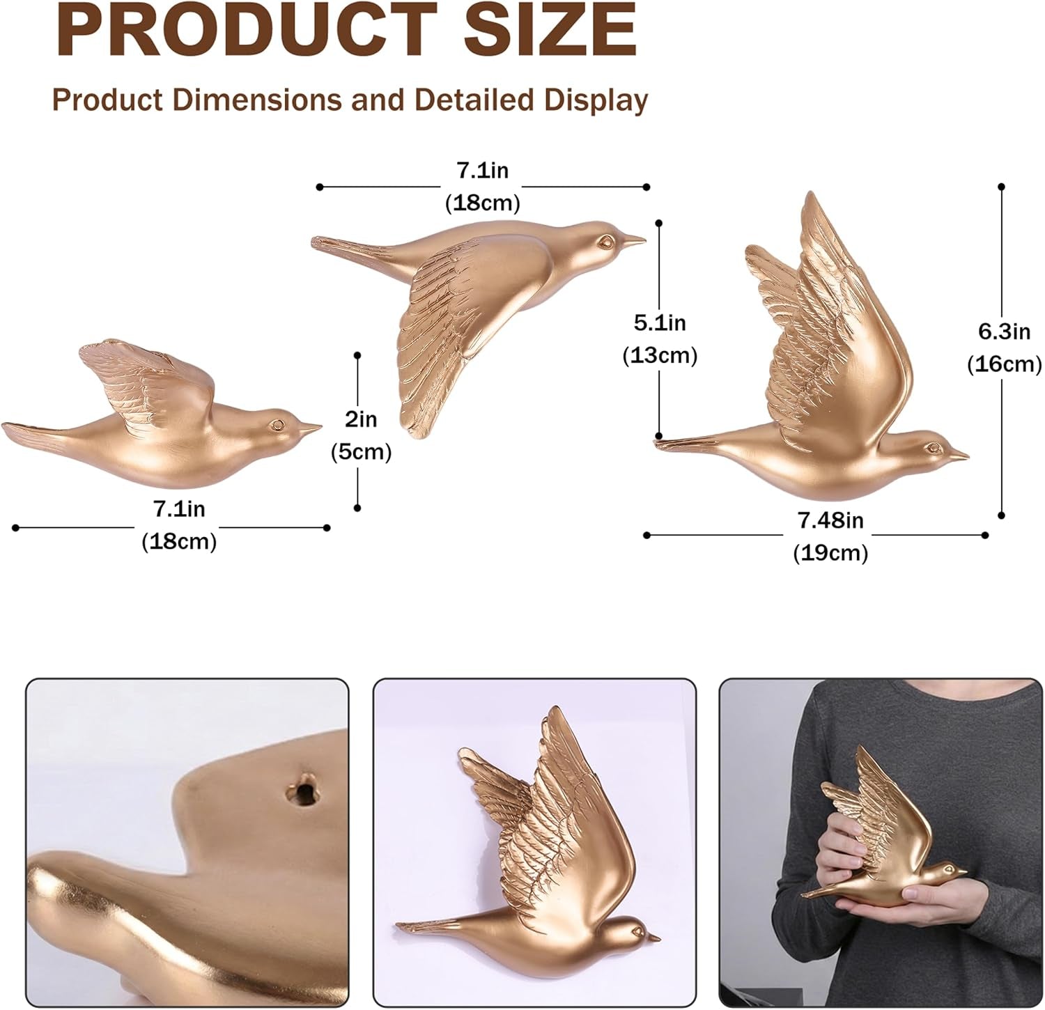 Set of 3 Bird Wall Sculptures - Modern 3D Art Decor for Living Room and Home, Golden Wall Accents and Gallery Art