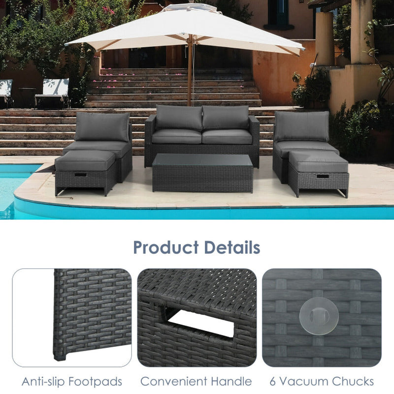 6 Pieces Patio Rattan Furniture Set with Glass Table and Cushioned Seat