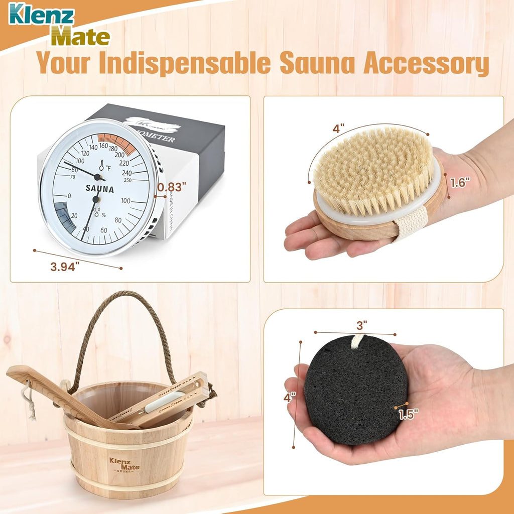 Sauna Accessories Kit - 6-Piece Set with Handmade Wooden Bucket and Ladle, 1 Gallon Capacity, Thermometer, Hygrometer, Hourglass Timer, Sauna Brush, and Pumice Stone for Home Use