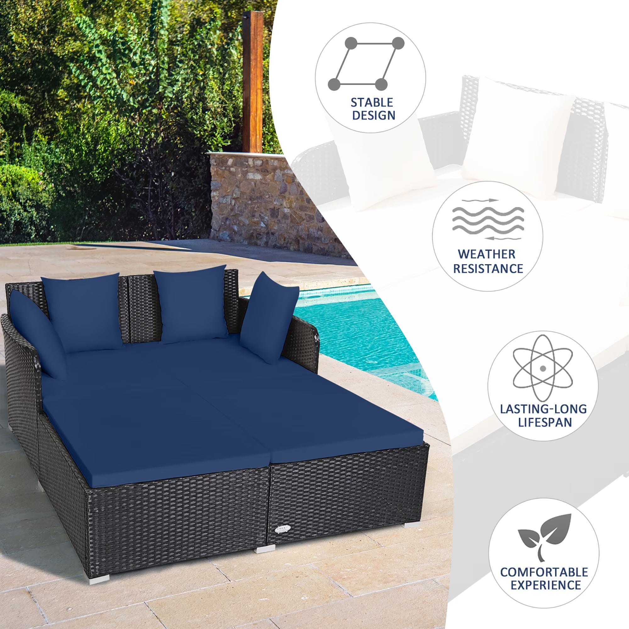 Luxurious Navy Rattan Outdoor Daybed with Cushions - Perfect for Relaxation and Style