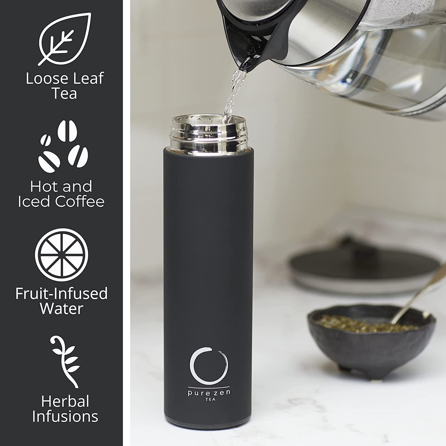Pure Zen Stainless Steel Tea Thermos with Infuser for Hot and Cold Beverages - 15oz Leakproof Travel Mug for Coffee and Fruit-Infused Water - Black
