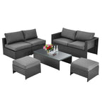 6 Pieces Patio Rattan Furniture Set with Glass Table and Cushioned Seat