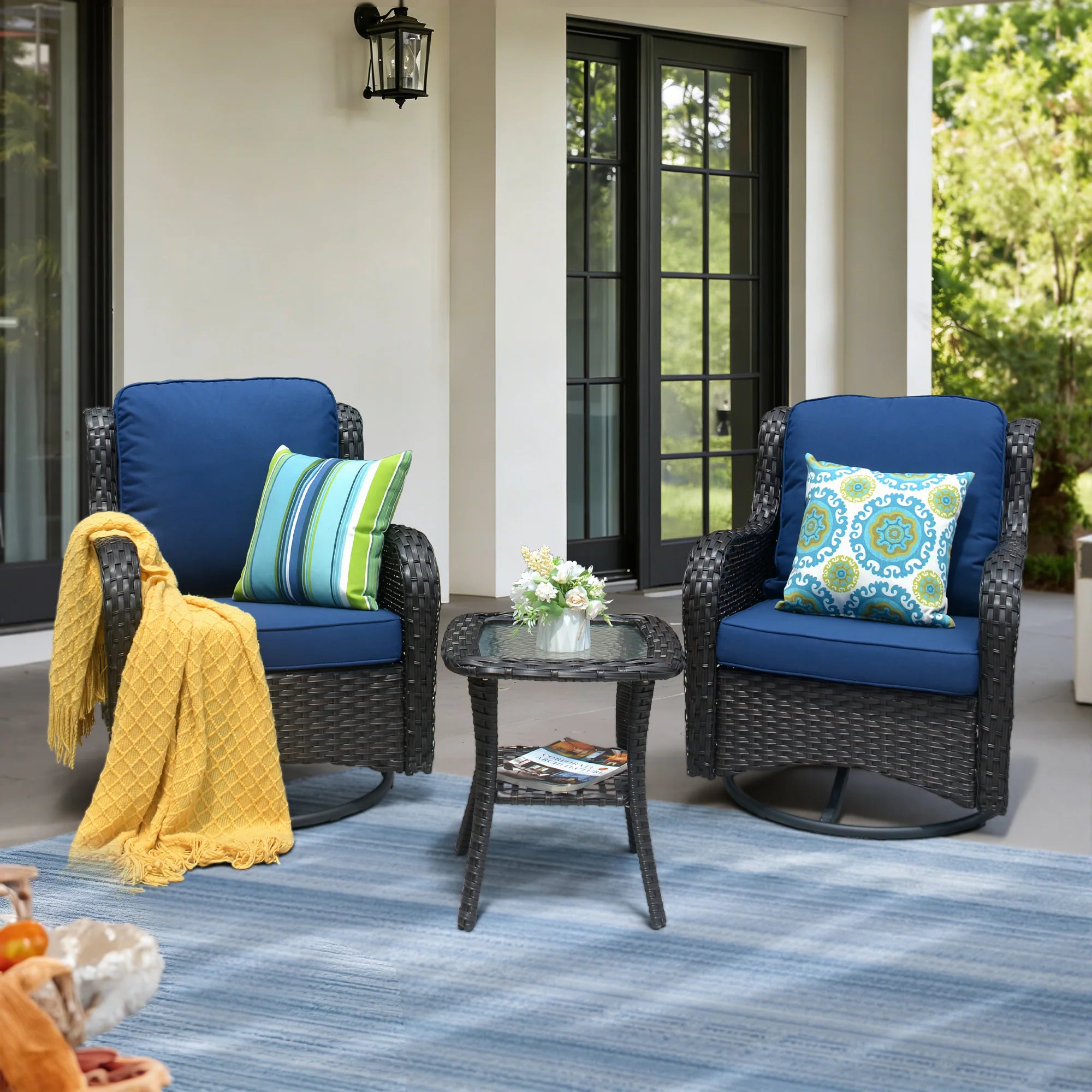 Chic Set of 2 Denim Blue Cushioned Rattan Swivel Rocking Chairs with Gray Wicker Frame - Perfect for Outdoor Relaxation