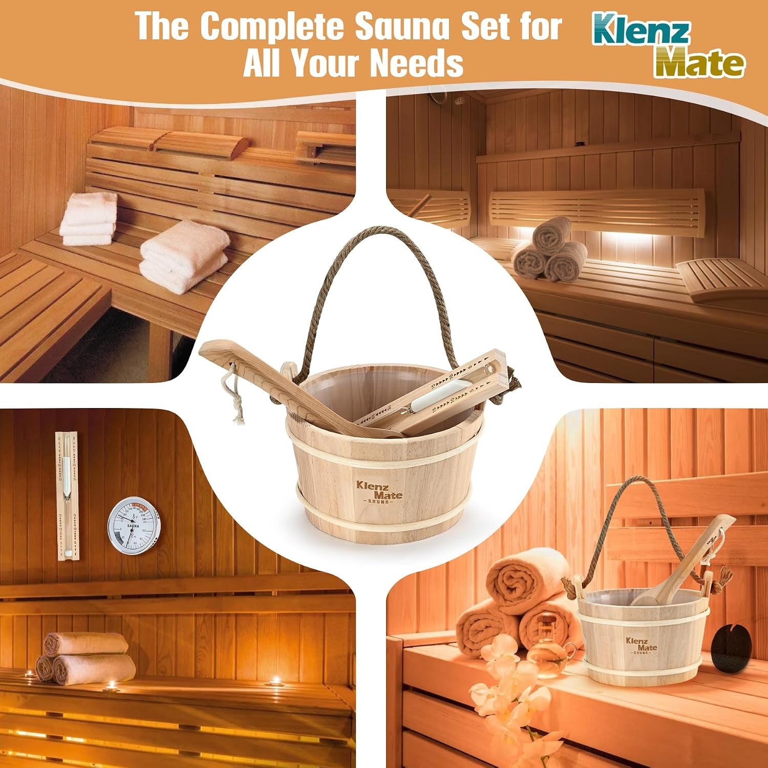 Sauna Accessories Kit - 6-Piece Set with Handmade Wooden Bucket and Ladle, 1 Gallon Capacity, Thermometer, Hygrometer, Hourglass Timer, Sauna Brush, and Pumice Stone for Home Use