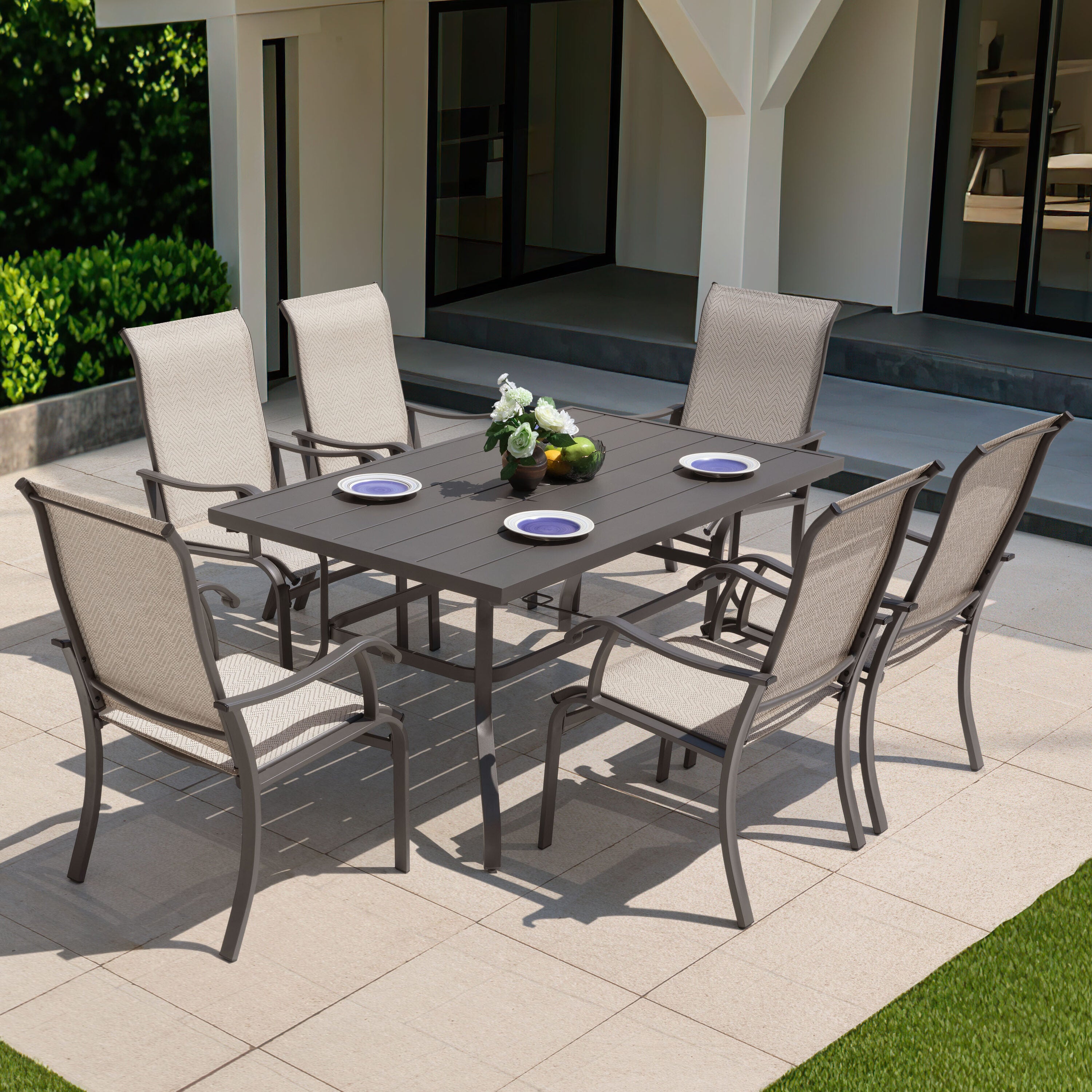 Elegant 7-Piece Black Iron Patio Dining Set with 6 Cozy Brown Chairs - Perfect for Outdoor Entertaining!