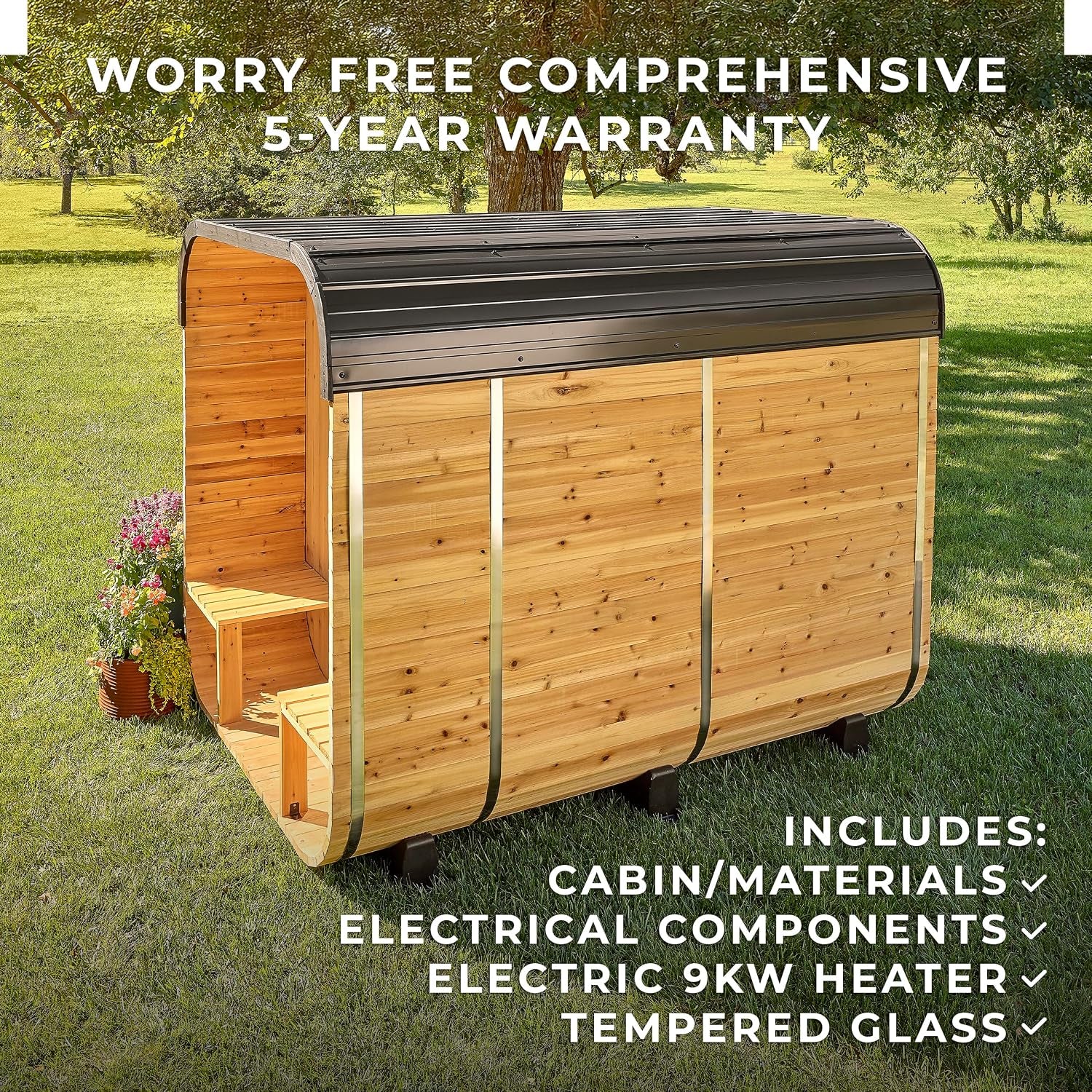 Lennon Traditional Cedar Outdoor Cube Sauna for 4-6 Persons with Porch, Electric Heater, Sauna Rocks, Dry Heat and Steam Options, LED Lighting, Wi-Fi Control, and Accessories