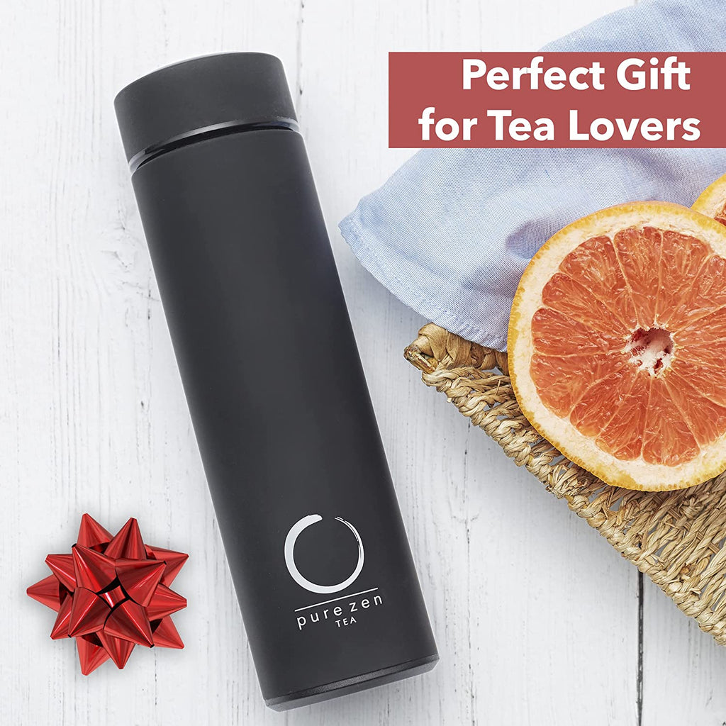 Pure Zen Stainless Steel Tea Thermos with Infuser for Hot and Cold Beverages - 15oz Leakproof Travel Mug for Coffee and Fruit-Infused Water - Black