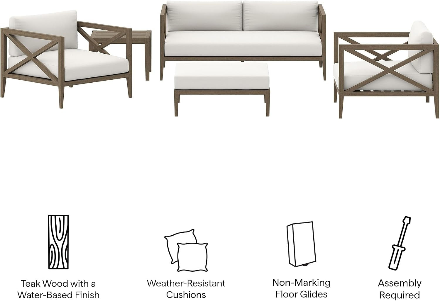 Northlake 5-Piece Outdoor Furniture Set in Weathered Gray White - Teak Wood Patio Conversation Set with Loveseat, Two Armchairs, Ottoman, and Side Table