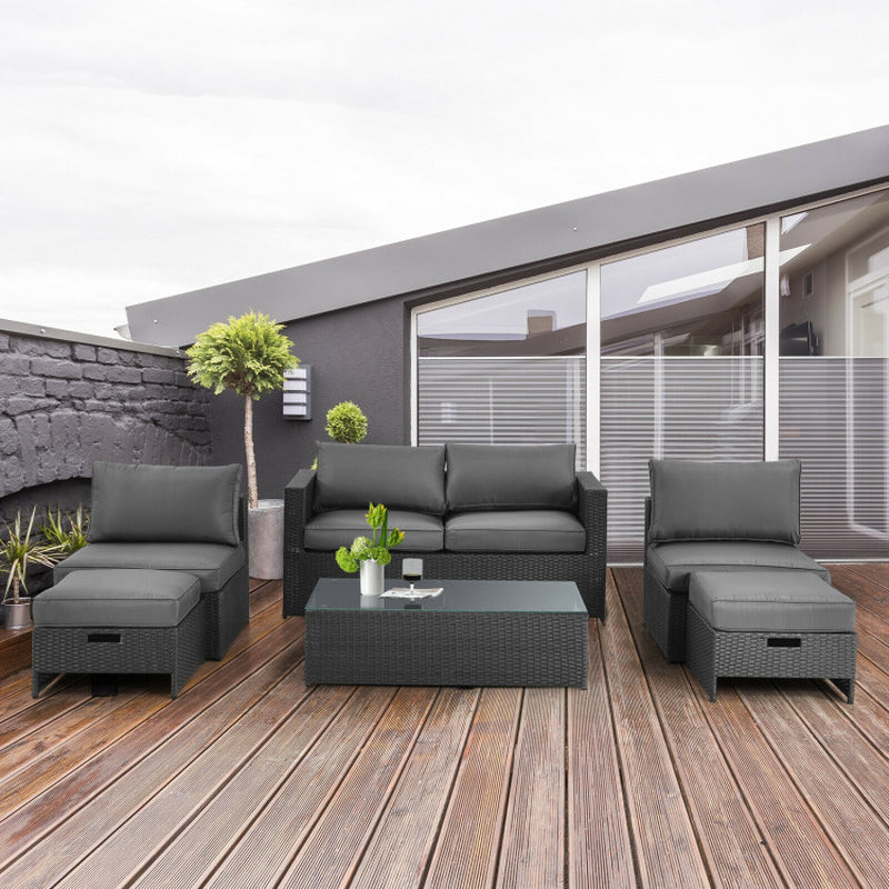 6 Pieces Patio Rattan Furniture Set with Glass Table and Cushioned Seat