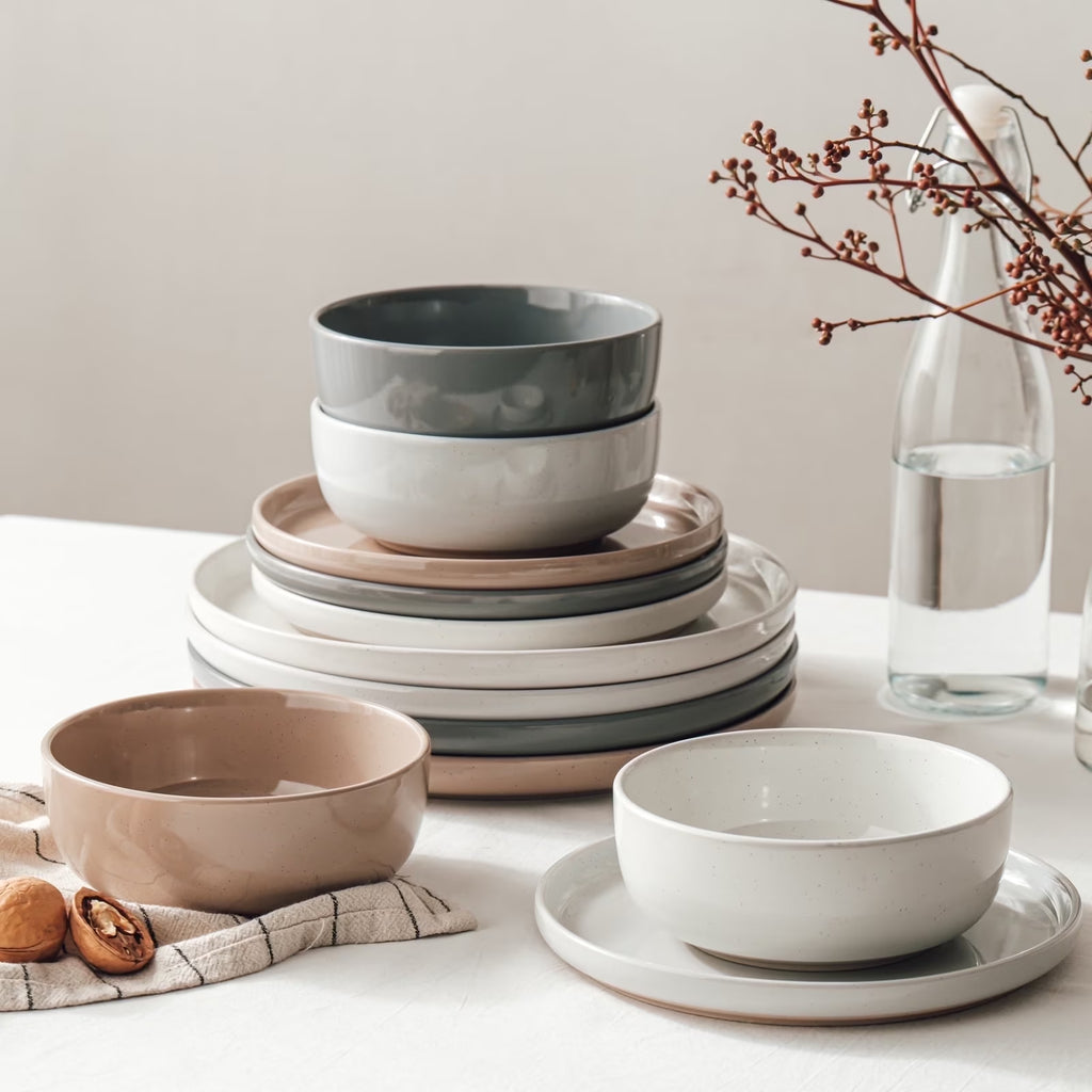 Plates and Bowls Set, 12 Piece Stoneware Dinnerware Sets, Multicolor