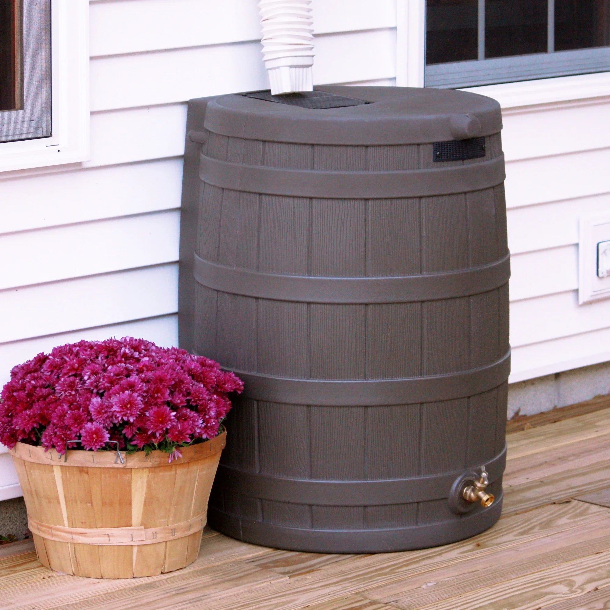 RW50 Rain Wizard 50Gal Plastic Rain Barrel Water Collector, Oak