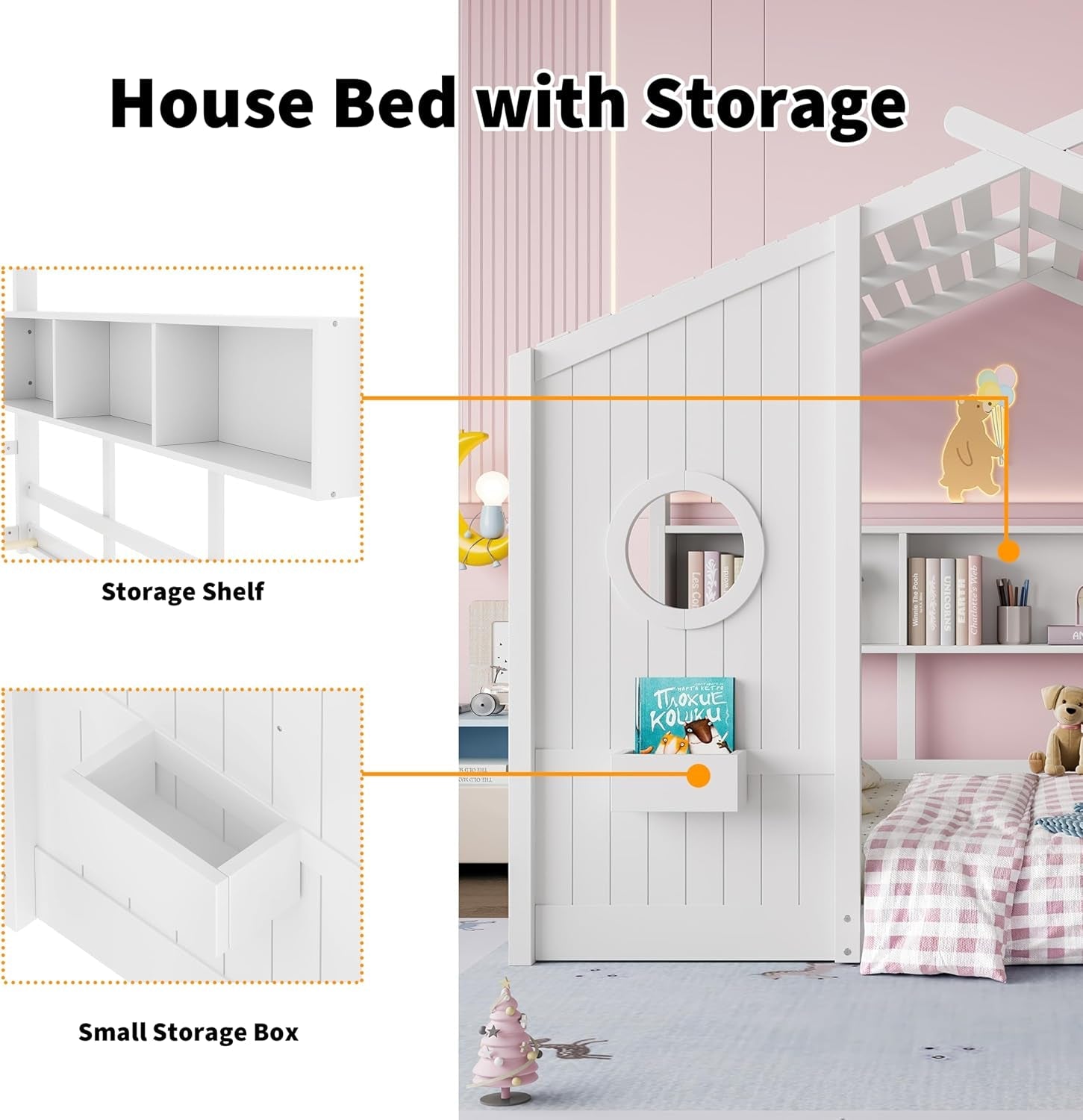 White Full Size Floor Bed Playhouse Storage Shelves