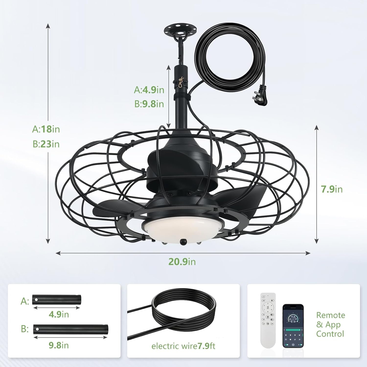 Twenty Inch Black Outdoor Ceiling Fan Weather proof IP65