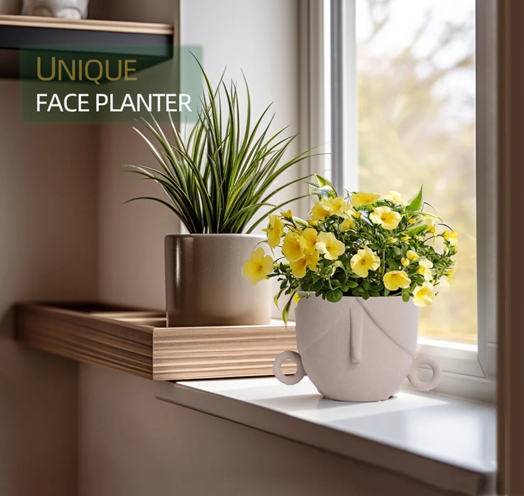 Charming Succulent Face Flower Pots - Set of 2 Stylish Ceramic Planters for Indoor/Outdoor Decor with Drainage in Elegant Brown