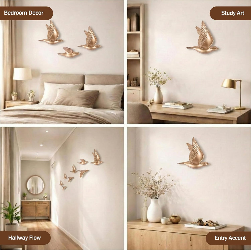Set of 3 Bird Wall Sculptures - Modern 3D Art Decor for Living Room and Home, Golden Wall Accents and Gallery Art