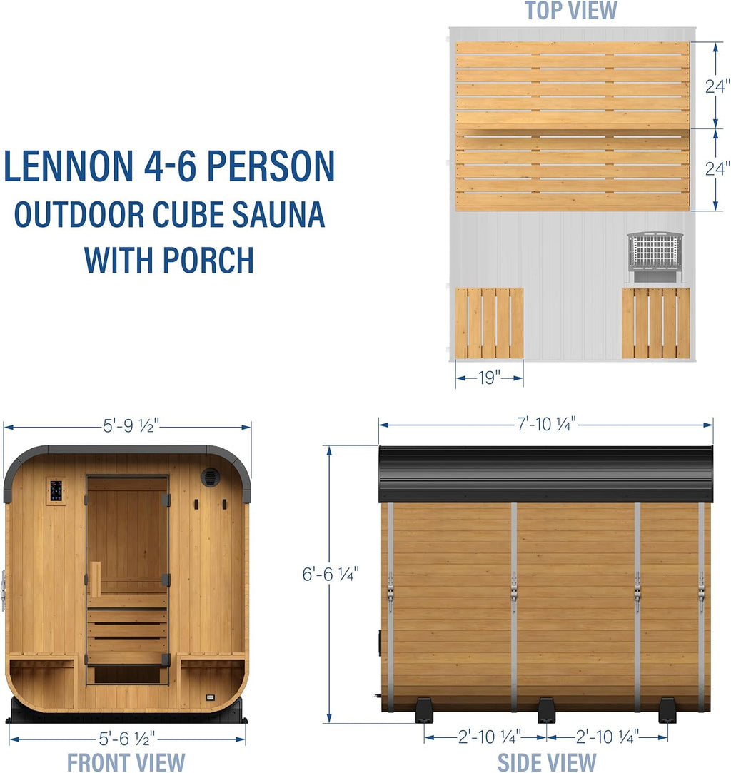 Lennon Traditional Cedar Outdoor Cube Sauna for 4-6 Persons with Porch, Electric Heater, Sauna Rocks, Dry Heat and Steam Options, LED Lighting, Wi-Fi Control, and Accessories