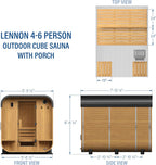 Lennon Traditional Cedar Outdoor Cube Sauna for 4-6 Persons with Porch, Electric Heater, Sauna Rocks, Dry Heat and Steam Options, LED Lighting, Wi-Fi Control, and Accessories