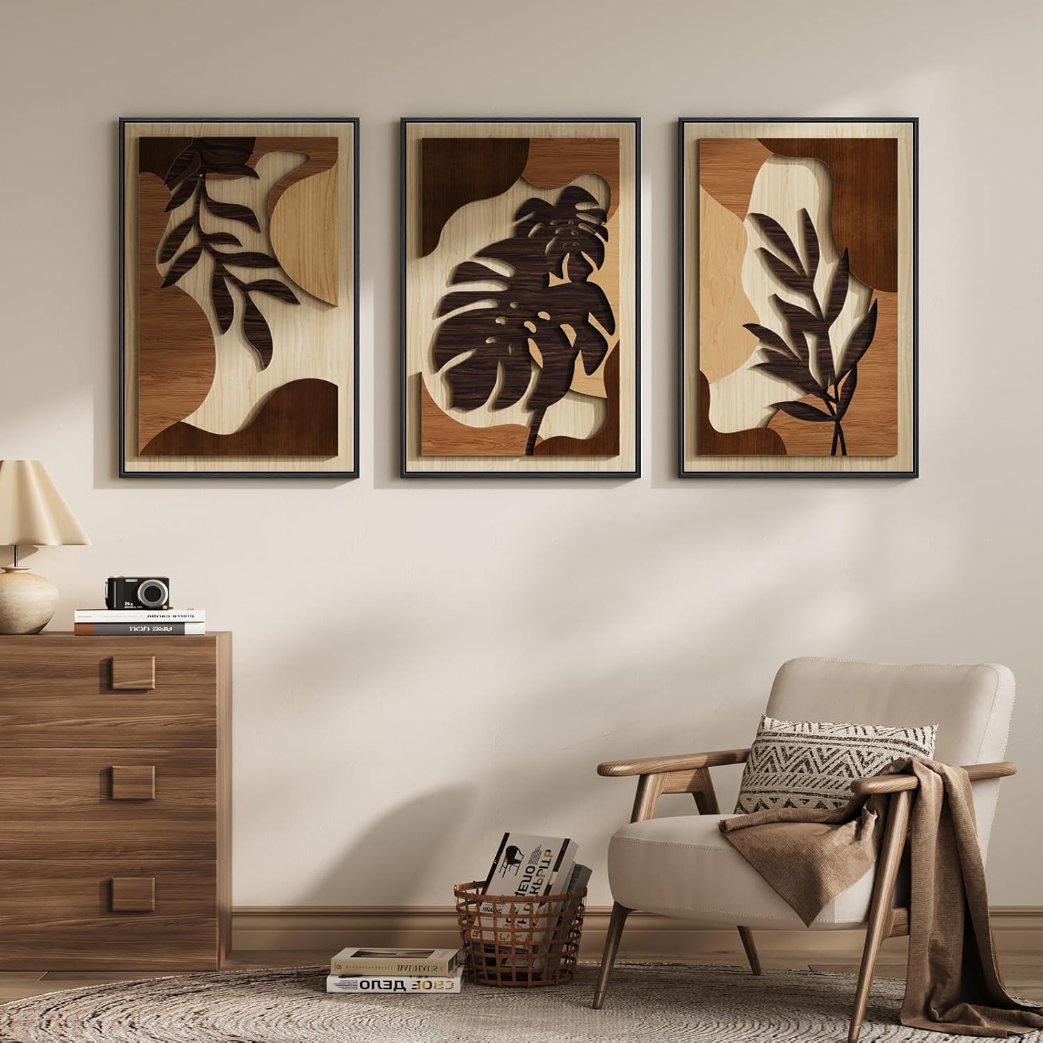 Framed 3D Boho Textured Wood Wall Art Set - Large 3-Piece Carved Tropical Botanical Décor for Living Room, Bedroom, Dining Room, and Home Office - Monstera Leaf Design, 20x30 Inches