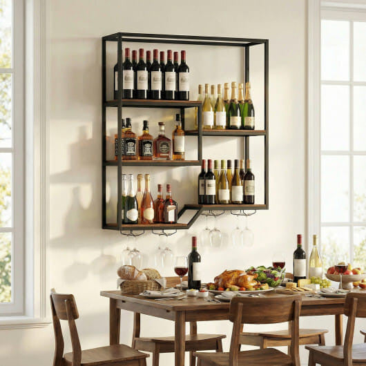 Wall Mounted Wine Rack 6-Tier Hanging Bar Shelf with Bottle Display Shelf and Glass Holder-Rustic B
