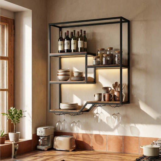 Wall Mounted Wine Rack 6-Tier Hanging Bar Shelf with Bottle Display Shelf and Glass Holder-Rustic B