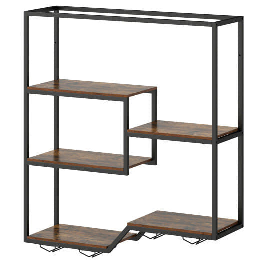 Wall Mounted Wine Rack 6-Tier Hanging Bar Shelf with Bottle Display Shelf and Glass Holder-Rustic B