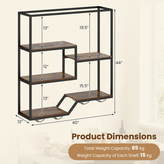 Wall Mounted Wine Rack 6-Tier Hanging Bar Shelf with Bottle Display Shelf and Glass Holder-Rustic B