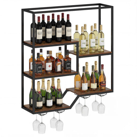 Wall Mounted Wine Rack 6-Tier Hanging Bar Shelf with Bottle Display Shelf and Glass Holder-Rustic B