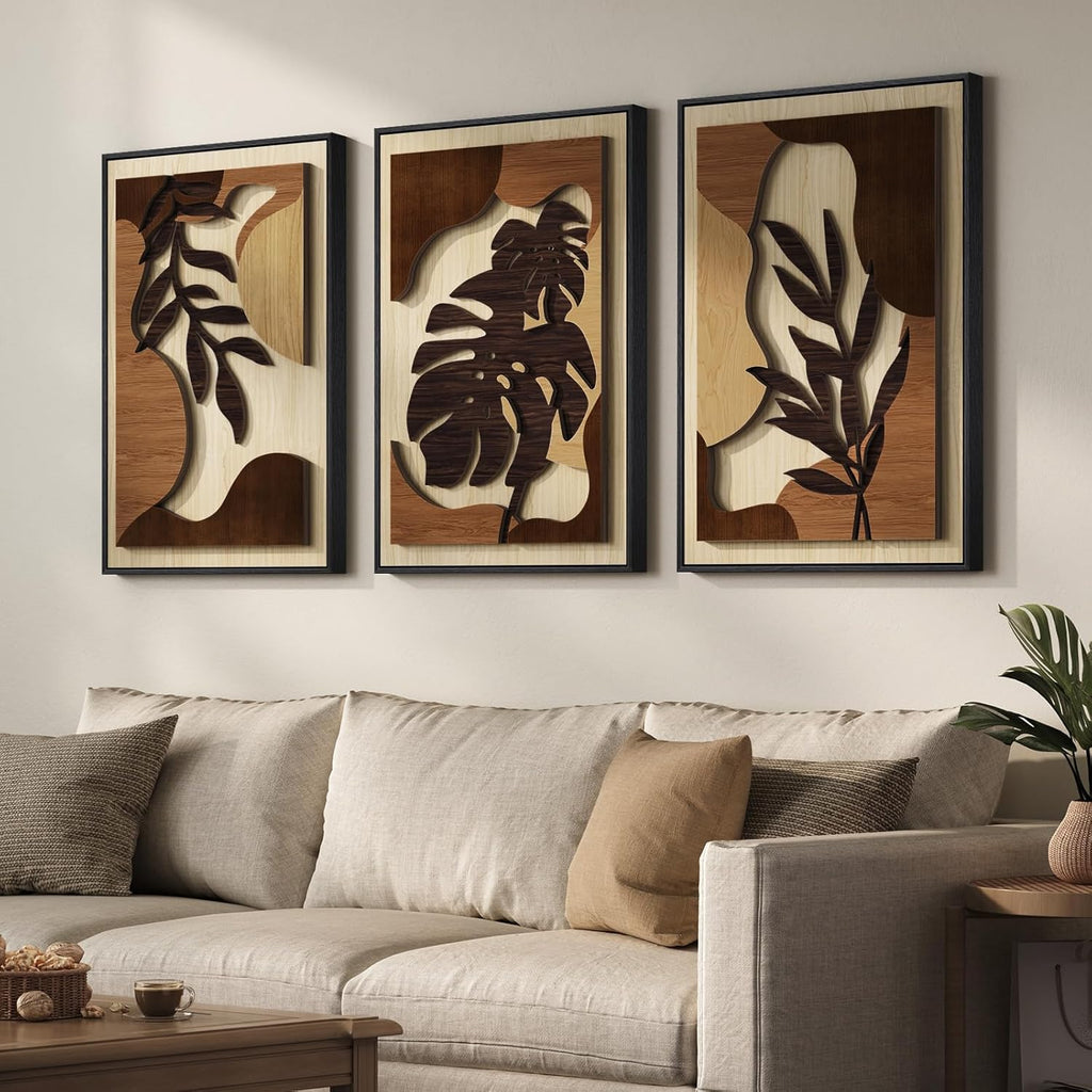 Framed 3D Boho Textured Wood Wall Art Set - Large 3-Piece Carved Tropical Botanical Décor for Living Room, Bedroom, Dining Room, and Home Office - Monstera Leaf Design, 20x30 Inches