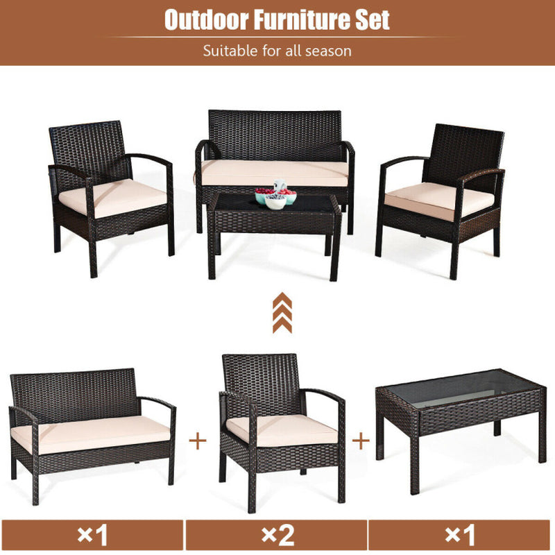 Transform Your Outdoor Space with Our 4-Piece Patio Rattan Conversation Set – Loveseat, Single Sofas, and Glass-Top Coffee Table