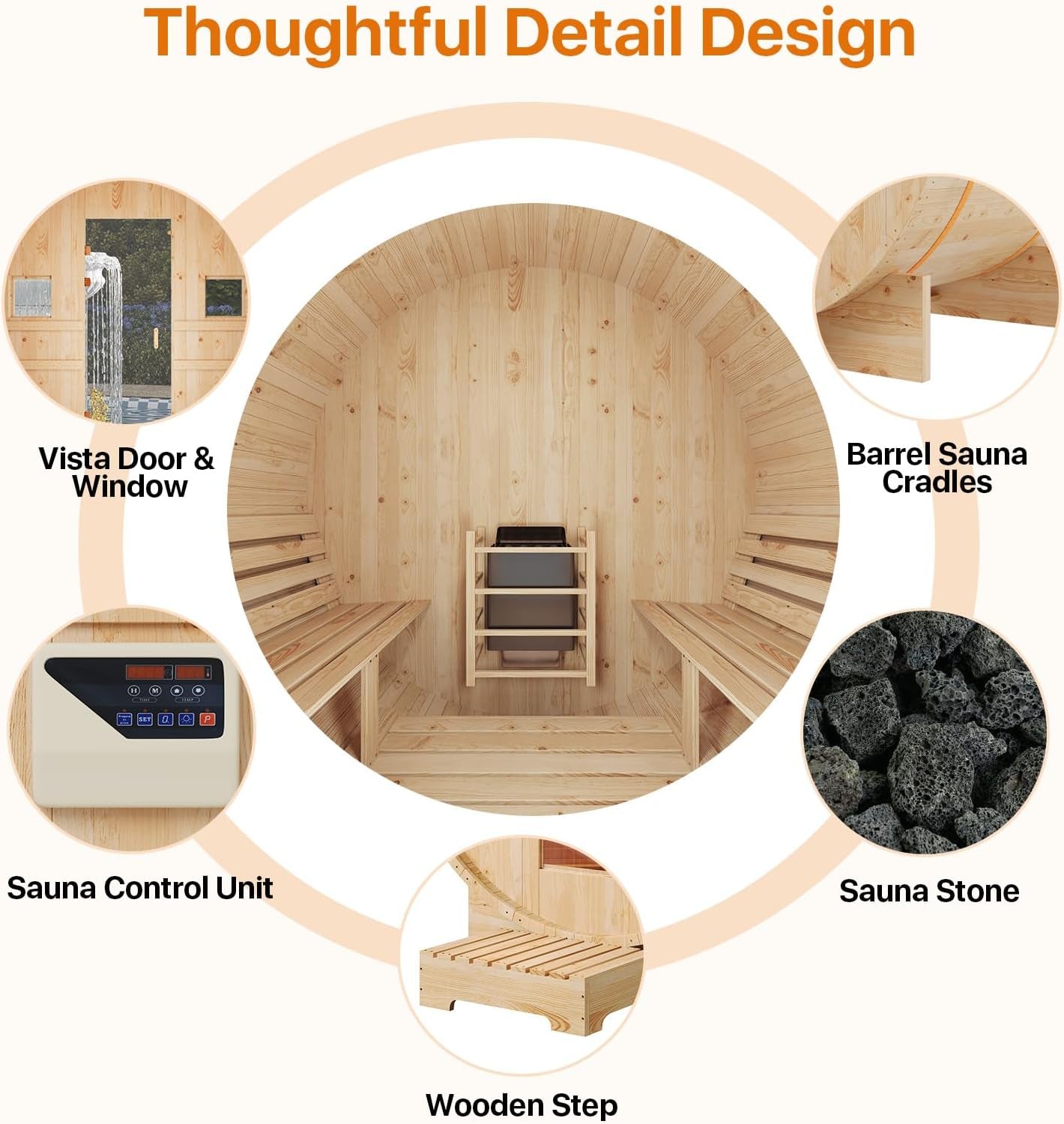 Outdoor Traditional Barrel Sauna for 4-6 Persons with 220V 6KW Electric Heater and Sauna Stones