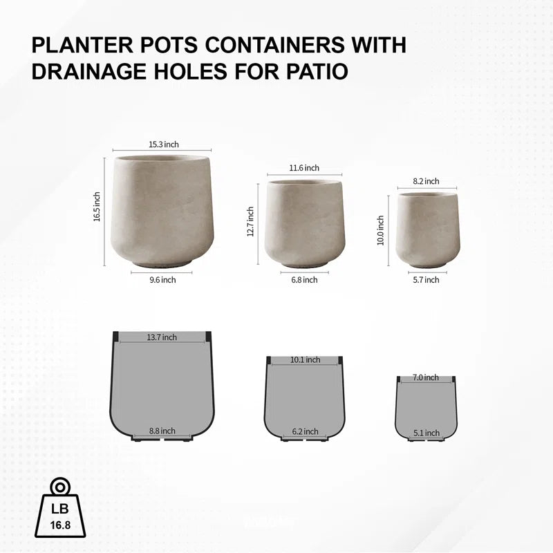 Stylish Round Concrete Planters Set - Durable Indoor/Outdoor Pots with Drainage Holes in Charcoal Finish