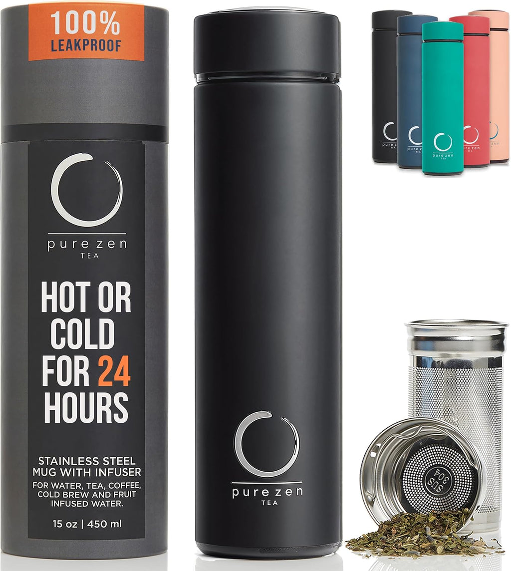 Pure Zen Stainless Steel Tea Thermos with Infuser for Hot and Cold Beverages - 15oz Leakproof Travel Mug for Coffee and Fruit-Infused Water - Black